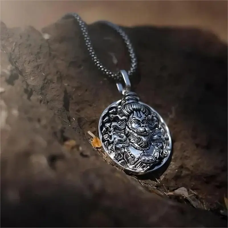 Oxidized Sterling Silver Lucky Monkey Hanuman Pendant Necklace for Men