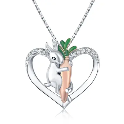 Sterling Silver Cubic Zirconia Rabbit & Heart Pendant Necklace