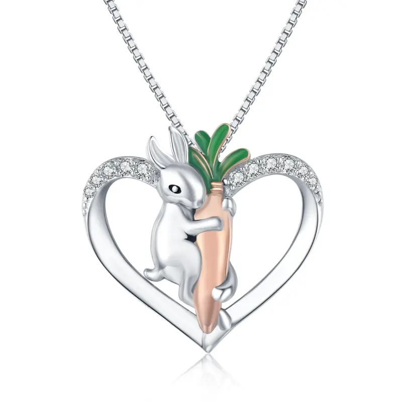 Sterling Silver Cubic Zirconia Rabbit & Heart Pendant Necklace