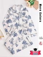 Women's All Over Print Button Front Pocket Lapel Shirt & Elastic Waist Pants Pajama Sets, Casual Comfy Long Sleeve Top & Trou...