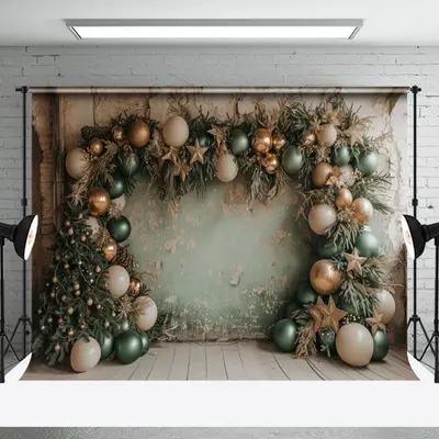 Retro Grey Green Wall Balloons Xmas Tree Backdrop