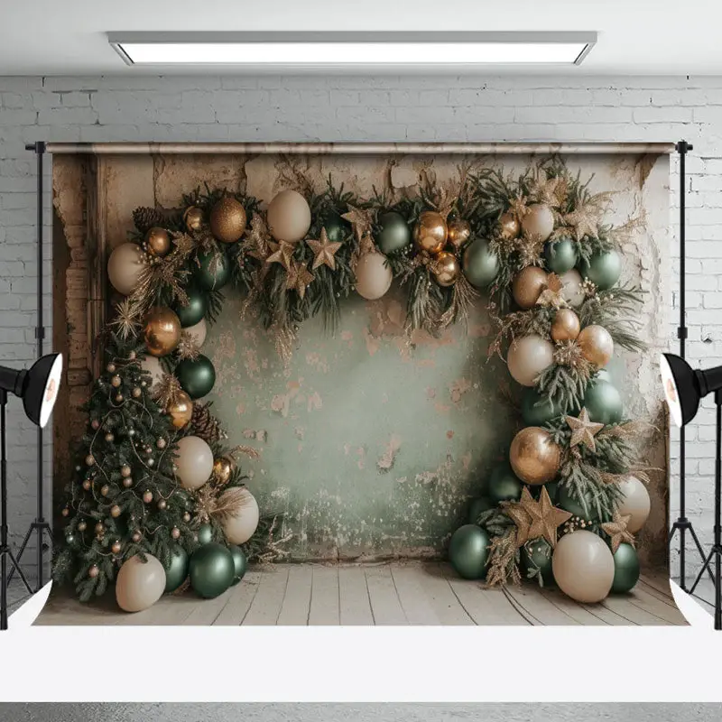 Retro Grey Green Wall Balloons Xmas Tree Backdrop