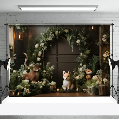 Animals Leaf Brown Wood Birthday Backdrop For Photo - Aperturee
