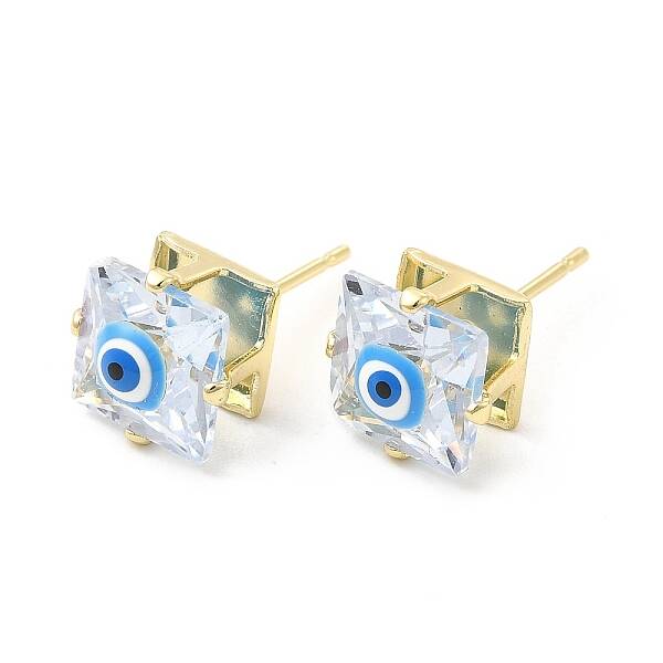 Square Glass with Enamel Evil Eye Stud Earrings