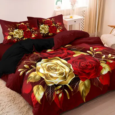 Rose Pattern Duvet Cover Set, 3 Counts/set Including 1 Duvet Cover & 2 Pillowcases without Filler, Soft Comfortable Bedding S...