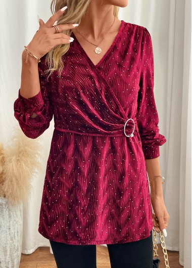 Modlily Wine Red Velvet Long Sleeve V Neck Blouse - L