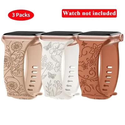 Flower Pattern Silicone Watch Band, 3 Counts Comfortable Breathable Silicone Wristband, Replacement Watch Band for Apple Watc...