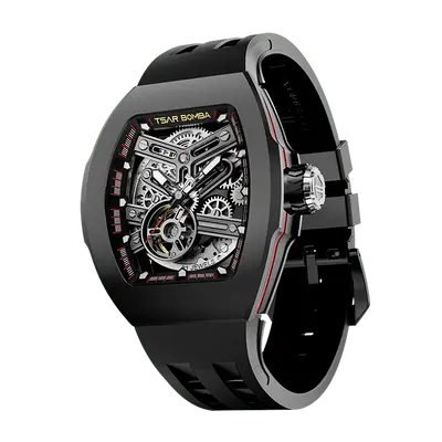 TSAR BOMBA Men's Automatic Skeleton Watch | Interchangeable Luxury Design | Black | Atomic TB8218 | Fluororubber