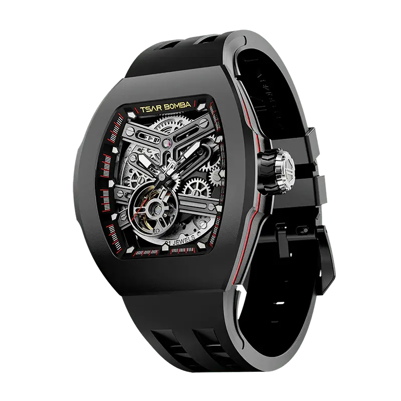 TSAR BOMBA Men's Automatic Skeleton Watch | Interchangeable Luxury Design | Black | Atomic TB8218 | Fluororubber