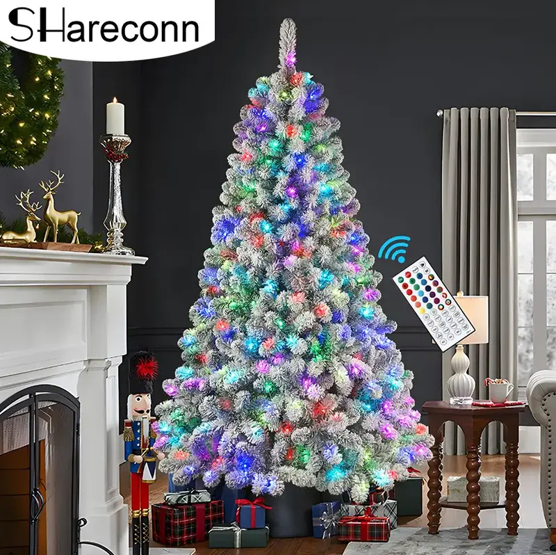 【On Sale】SHareconn 4/5/6/7/7.5/9/12FT Pre-Lit RGB Lights Snow Flocked Christmas Tree with Remote Control, Deluxe Hinged D...