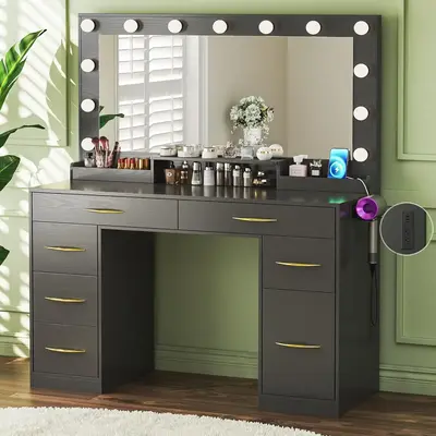 Makeup Vanity Desk with Lights, Vanity Desk with Large Mirror, Vanity with 6 Large Drawers & 1 Cabinet & Power Outlet, 3 Ligh...