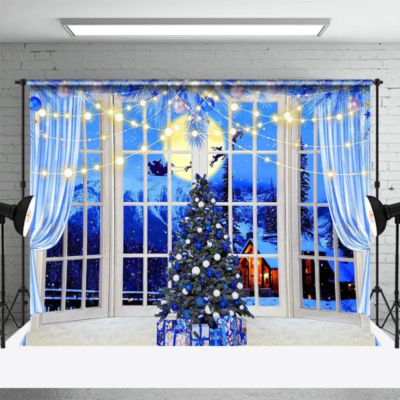 Blue Tree Window Moon Sleigh Christmas Backdrop - Aperturee