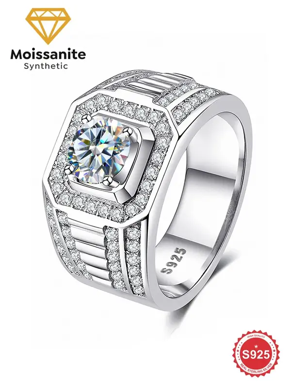 925 Sterling Silver Men's Elegant Synthetic Moissanite Ring, Exquisite Trendy Engagement Ring, Fashionable Jewelry Accessorie...