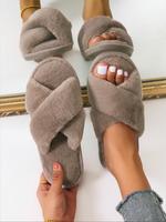 Women's Simple Solid Color Faux Fur Slippers, Elegant Slippers, Casual Soft Plush Home Slippers, Ladies Slippers, Cross Strap...