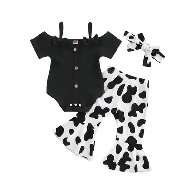 3PCS Newborn Baby Girl Outfits Ribbed Short Sleeve Off Shoulder Romper Bodysuit Cow Print Bell Bottoms Headband 6 12 18 24 Mo...