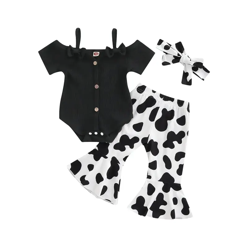 3PCS Newborn Baby Girl Outfits Ribbed Short Sleeve Off Shoulder Romper Bodysuit Cow Print Bell Bottoms Headband 6 12 18 24 Mo...