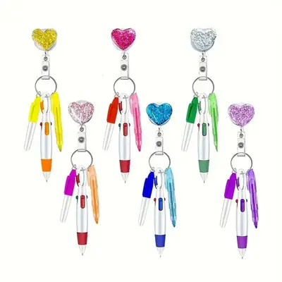 Heart Shaped Badge Pen, 1 Count Retractable Keychain Design Badge Holder with Mini Highlighter, Permanent Marker & Ballpoint ...