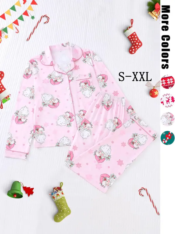 【Christmas】Women's Christmas Pajama Set, Snowflake Deer Print, Long Sleeve Button-Up Top & Elastic Pants, Casual Home Wea...