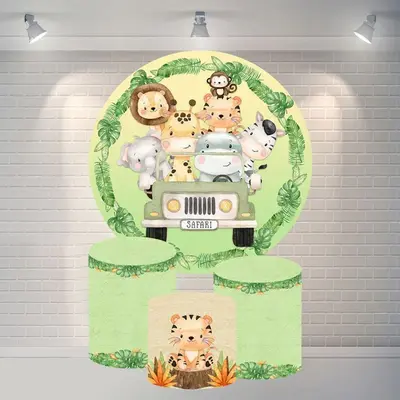 Aperturee Green Car Animals Round Birthday Backdrop For Party | Birthday Backdrop Ideas | Circle Birthday Backdrop Cover | Ro...