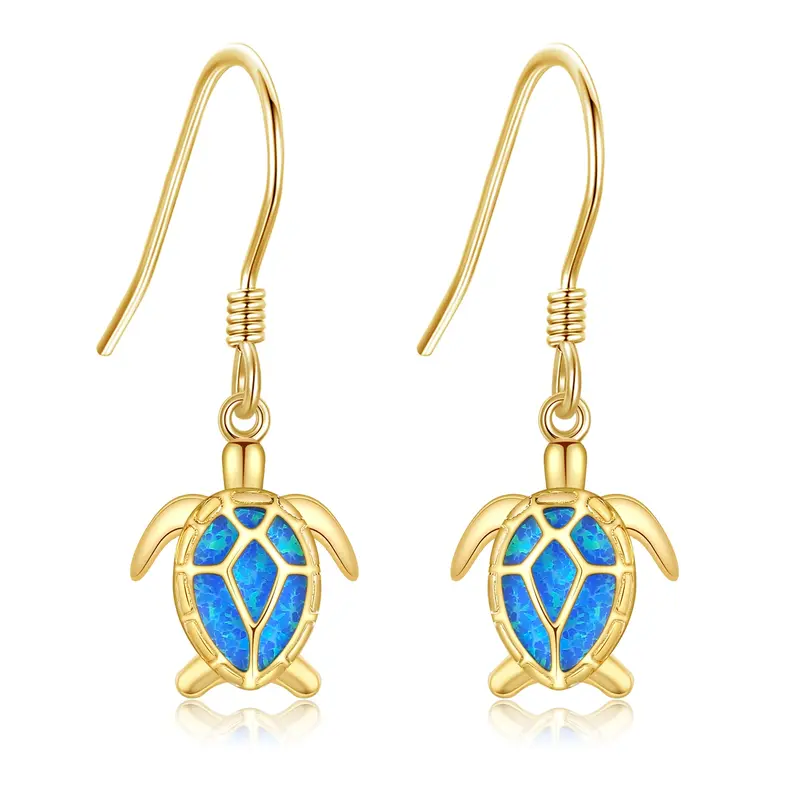 14K Gold Opal Turtle Drop Earrings
