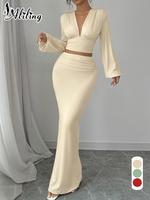 Aliling Women's Solid Color Top & Ruched Long Skirt Two-piece Set, Chic Elegant Fashion Casual V Neck Longsleeves Top & Split...