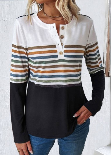 Modlily Multi Color Patchwork Striped Long Sleeve T Shirt - XXL