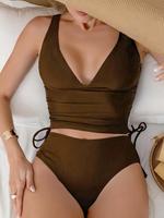 Two-Piece Set Women's Solid Color Ribbed Bikini Set, Casual Fashion Chic Swimsuit Set for Beach Holiday Vacation, Ladies Swim...