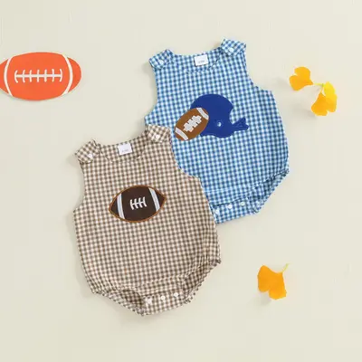 Infant Baby Boy Football Tank Romper Plaid Rugby Embroidered Sleeveless Bodysuit Cute Fall Clothes 0-18 Months