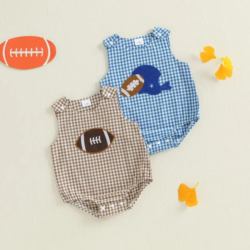 Infant Baby Boy Football Tank Romper Plaid Rugby Embroidered Sleeveless Bodysuit Cute Fall Clothes 0-18 Months