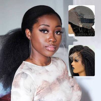 Ashimary 4C Edges Invisi Strap Snug Fit 360 Transparent Lace Frontal Kinky Straight Wig with Curly Baby Hair Pre Bleached Kno...