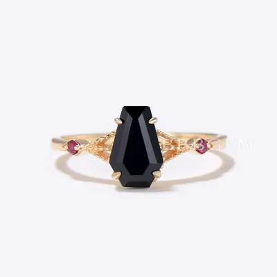 Coffin Shaped Black Onyx Engagement Ring Milgrain Ruby Ring