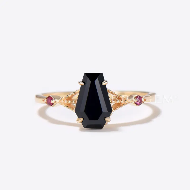 Coffin Shaped Black Onyx Engagement Ring Milgrain Ruby Ring