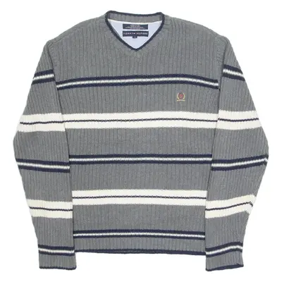TOMMY HILFIGER Mens Patterned Jumper Grey Striped V-Neck Chunky Knit M