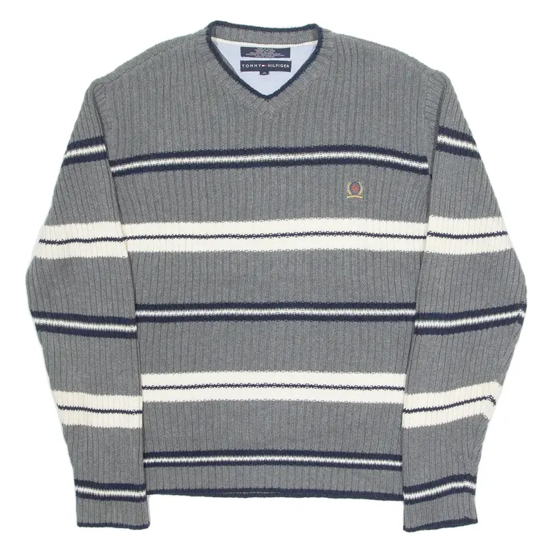 TOMMY HILFIGER Mens Patterned Jumper Grey Striped V-Neck Chunky Knit M