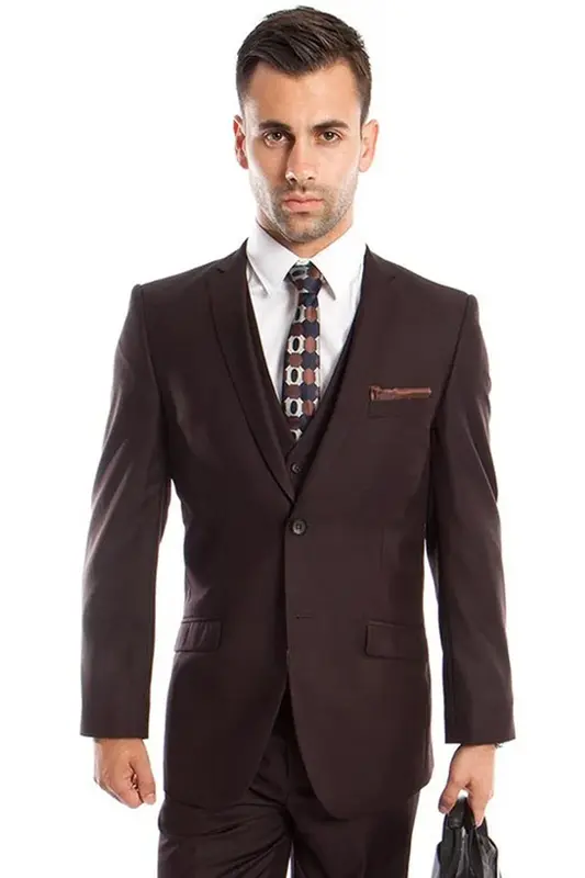Brown Slim Fit Men's Wedding Suit - Two Button Basic Vested