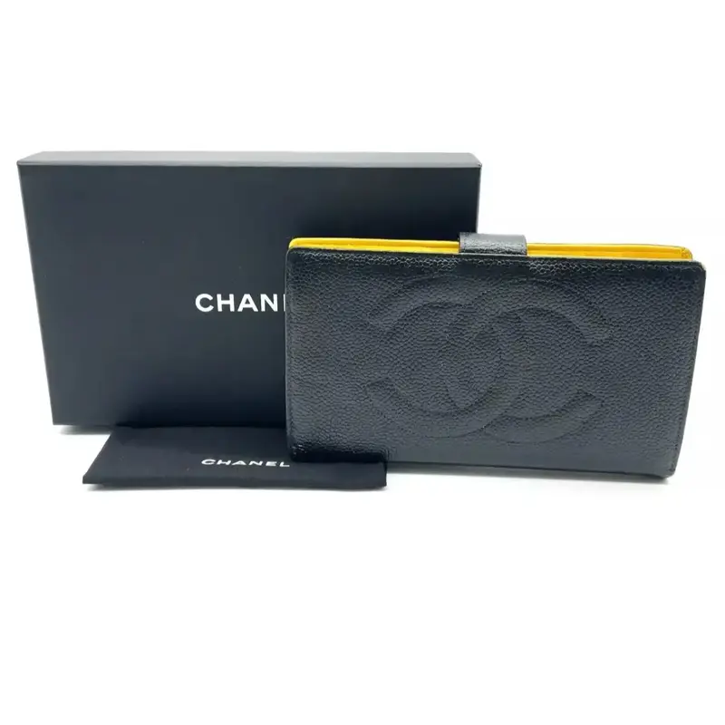 Pre-owned CHANEL Caviar Bag Accessories Blue black Lamb Skin Bifold Wallet Purse W/Box