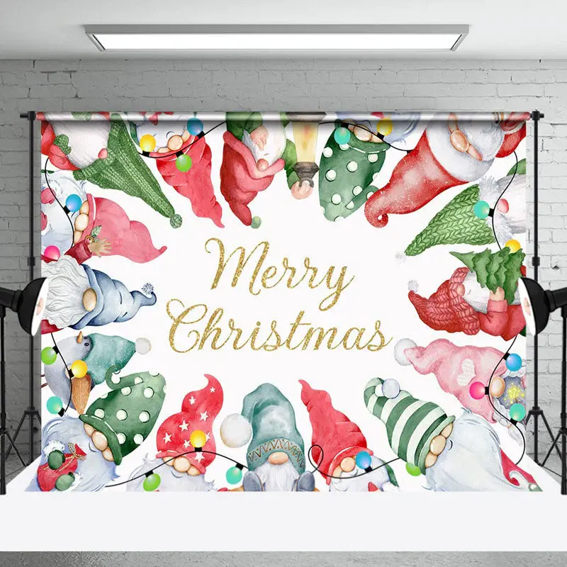 Colorful Hat Cute Gnomes Merry Christmas Backdrop - Aperturee