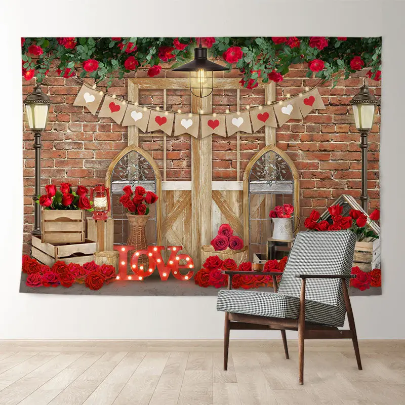 Aperturee Brick Lamp Love Rose Happy Valentine Day Backdrop
