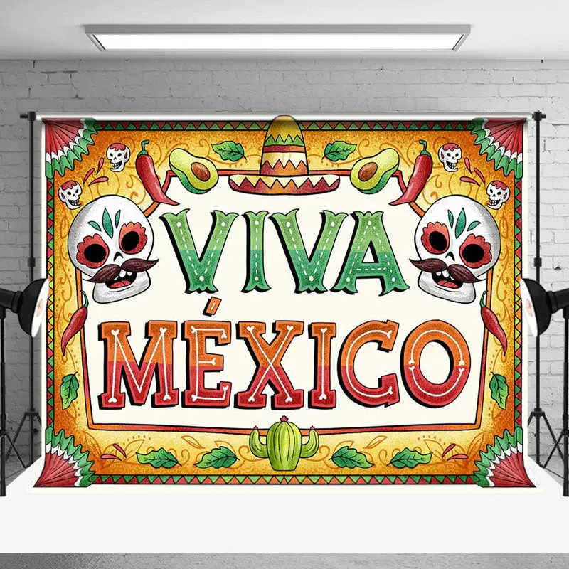 Vintage Skull Viva Mexico Independence Day Backdrop