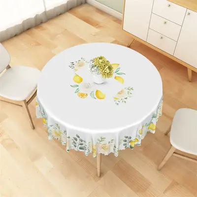 White Yellow Floral Lemon Spring Round Tablecloth - Aperturee