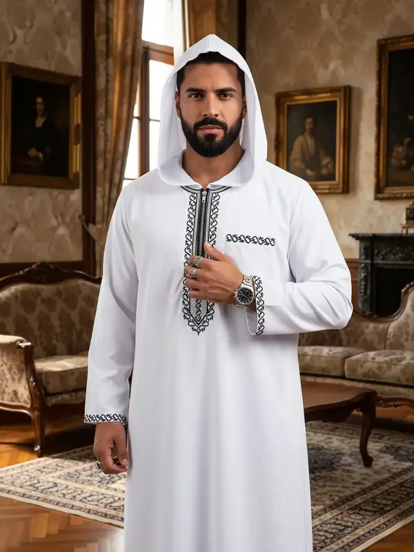 Men’s White Moroccan Hooded Thobe - Traditional Muslim Embroidered Kaftan with Pocket for Eid, Ramadan & Prayer