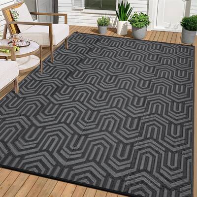 Garvee Reversible Outdoor Plastic Mat - Modern Striped Low-Pile Waterproof Area Rug - Lightweight, Easy Clean Patio Carpet fo...