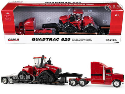 Semi Truck Red with Flatbed Trailer and Case IH Quadtrac 620 Tractor Red Case IH Agriculture Series 1/64 Diecast Models by ER...