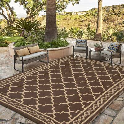 Garvee Outdoor Rug 9x18 Waterproof Reversible Patio Rug Non Slip Foldable Plastic Straw Carpet Brown Trellis for Deck Porch R...