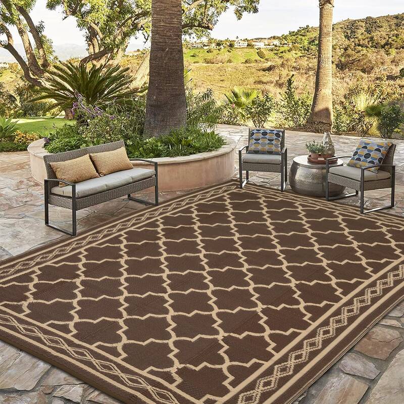 Garvee Outdoor Rug 9x18 Waterproof Reversible Patio Rug Non Slip Foldable Plastic Straw Carpet Brown Trellis for Deck Porch R...