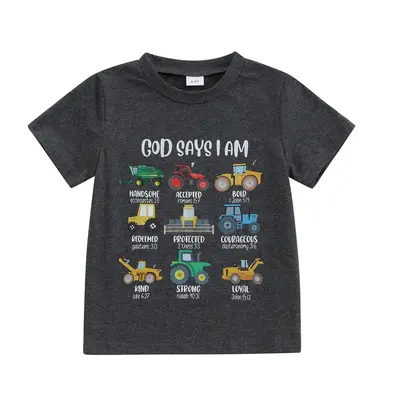 Toddler Boys Summer T-Shirts Fashion Construction Truck Print Short Sleeve Round Neck Loose Tops for Kids