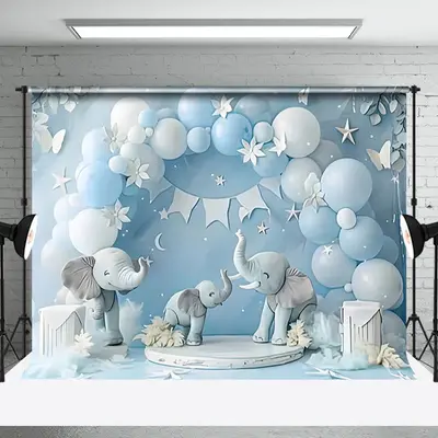 Aperturee Blue Balloon Arch Cute Elephant Cake Smash Backdrop, 3X2FT(1MX0.6M), 14 USD, birthday cake smash backdrops, NYHD1I5...