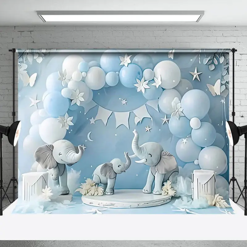 Aperturee Blue Balloon Arch Cute Elephant Cake Smash Backdrop, 3X2FT(1MX0.6M), 14 USD, birthday cake smash backdrops, NYHD1I5...
