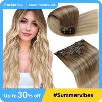 LaaVoo Clip in Hair Extensions Real Human Hair Double Weft Clip in Extensions 7 Counts Summervibes
