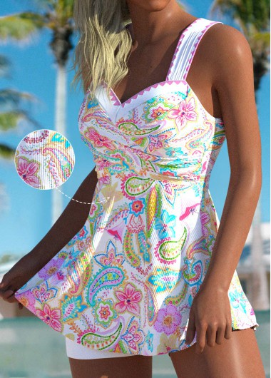 Modlily Criss Cross Mid Waisted Paisley Print White Tankini Set - S